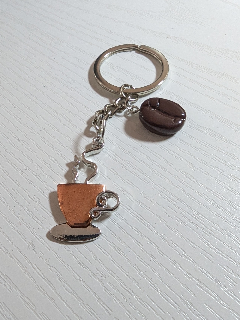 Brown Coffee Cup Keychain with Silver Accents Coffee Bean Keychain